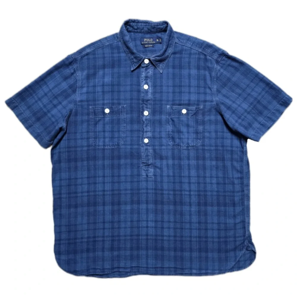 Polo Ralph Lauren Indigo Oxford Popover Shirt Mens XL Blue Plaid Beach Preppy